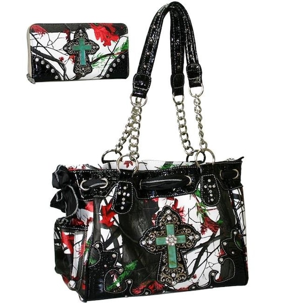 Gold Rush CRL800WC62SET-RD - MUL Women Studded Turquoise Cross Purse Wallet Set with Scarf Tied On - Red & Multi Color CRL800WC62SET-RD/MUL - main